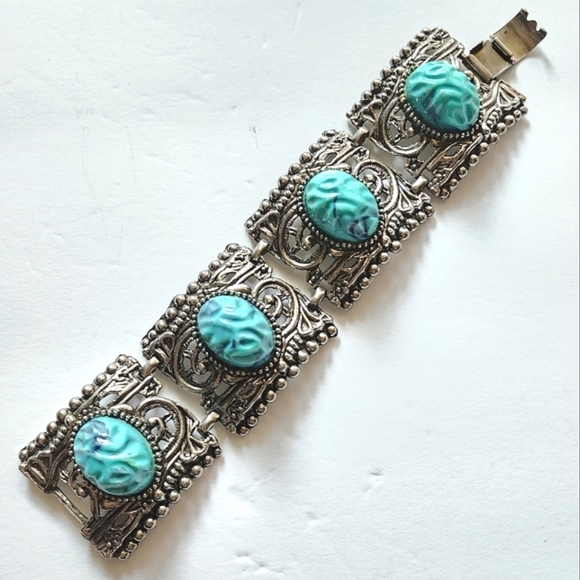 Vintage Faux Turquoise Filigree Bracelet - Picture 1 of 10